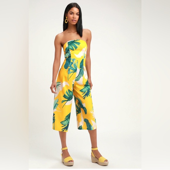 Lulus Pants - Lulu's Yellow Tropical Strapless Wide-Leg Jumpsuit NWOT